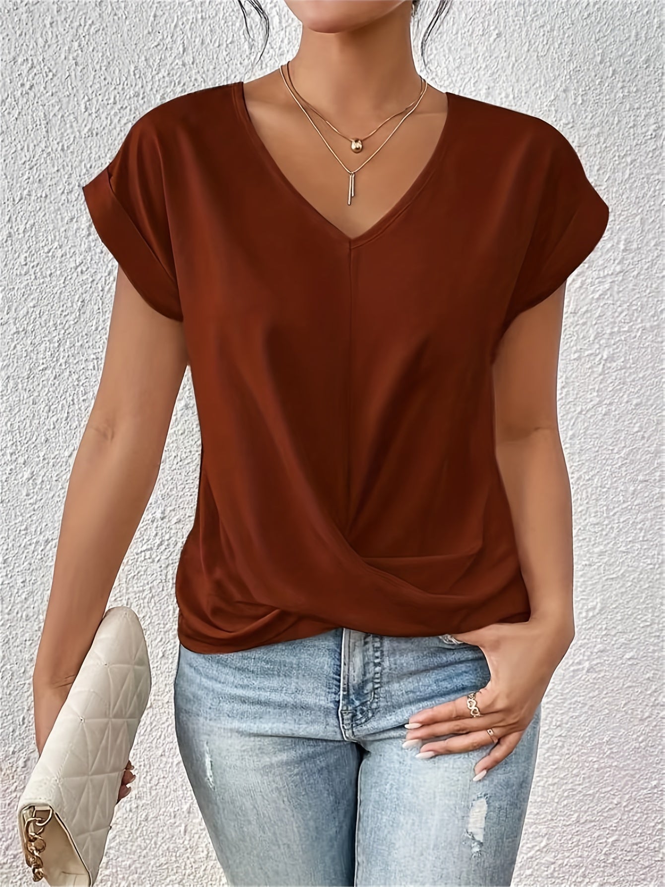 Yasmine Women’s V-Neck Top – Elegant Draped Blouse with Knot Detail & Comfortable Fit
