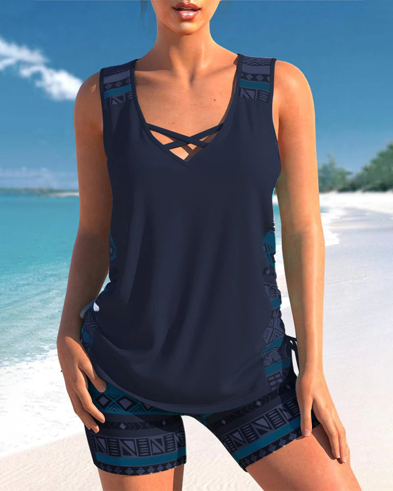 Bienna Women’s Tankini Set – Geometric Swimwear with Built-In Support & Shorts