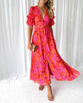 Dorothy Women’s V-Neck Dress – Elegant Flowy Dress with Puff Sleeves in Rose Pink