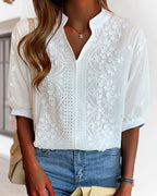 Amelia Women’s Puff Sleeve Blouse – Elegant V-Neck Cotton Lace Patchwork Top