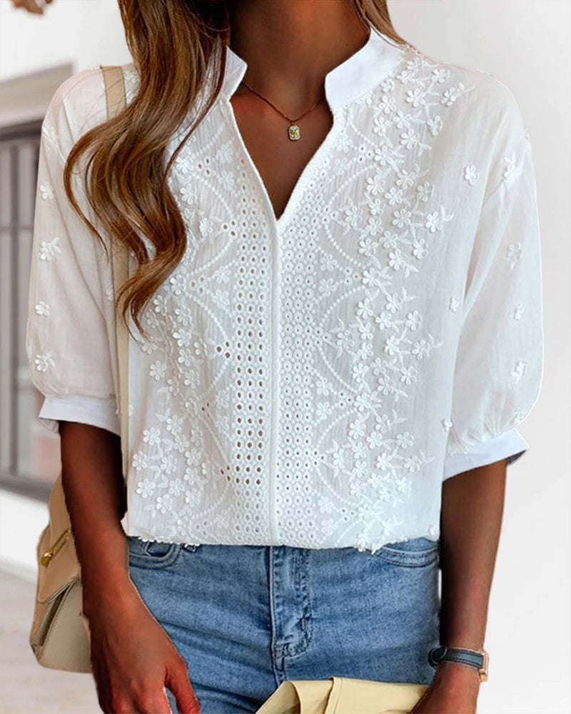 Amelia Women’s Puff Sleeve Blouse – Elegant V-Neck Cotton Lace Patchwork Top