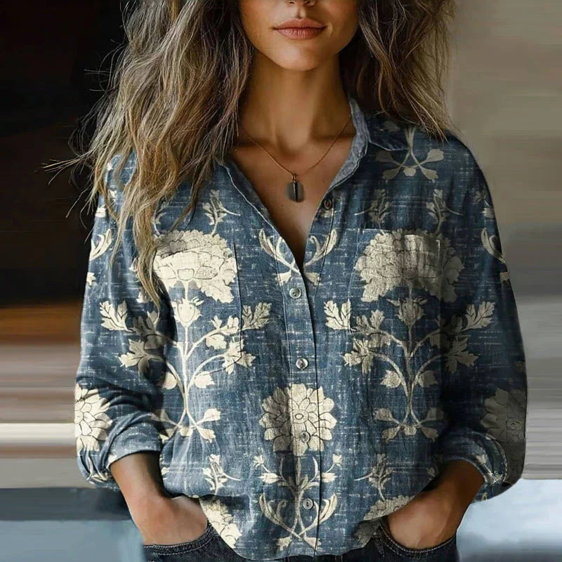Mira Women’s Vintage Blouse – Ethnic Print Button-Up Shirt with Relaxed Fit