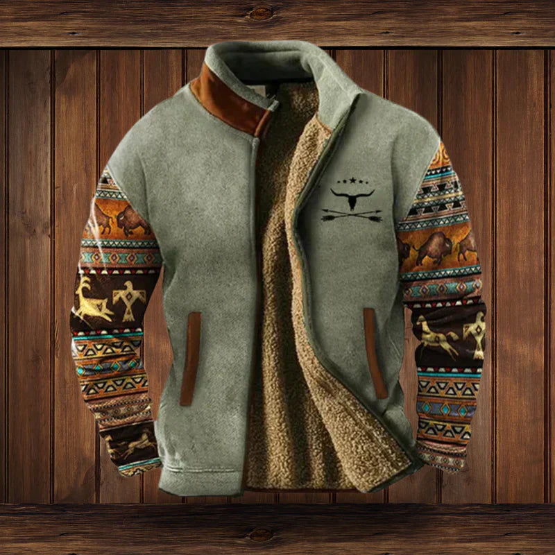 Noah Men’s Winter Jacket – Fleece-Lined Western Coat with Ethnic Pattern Design