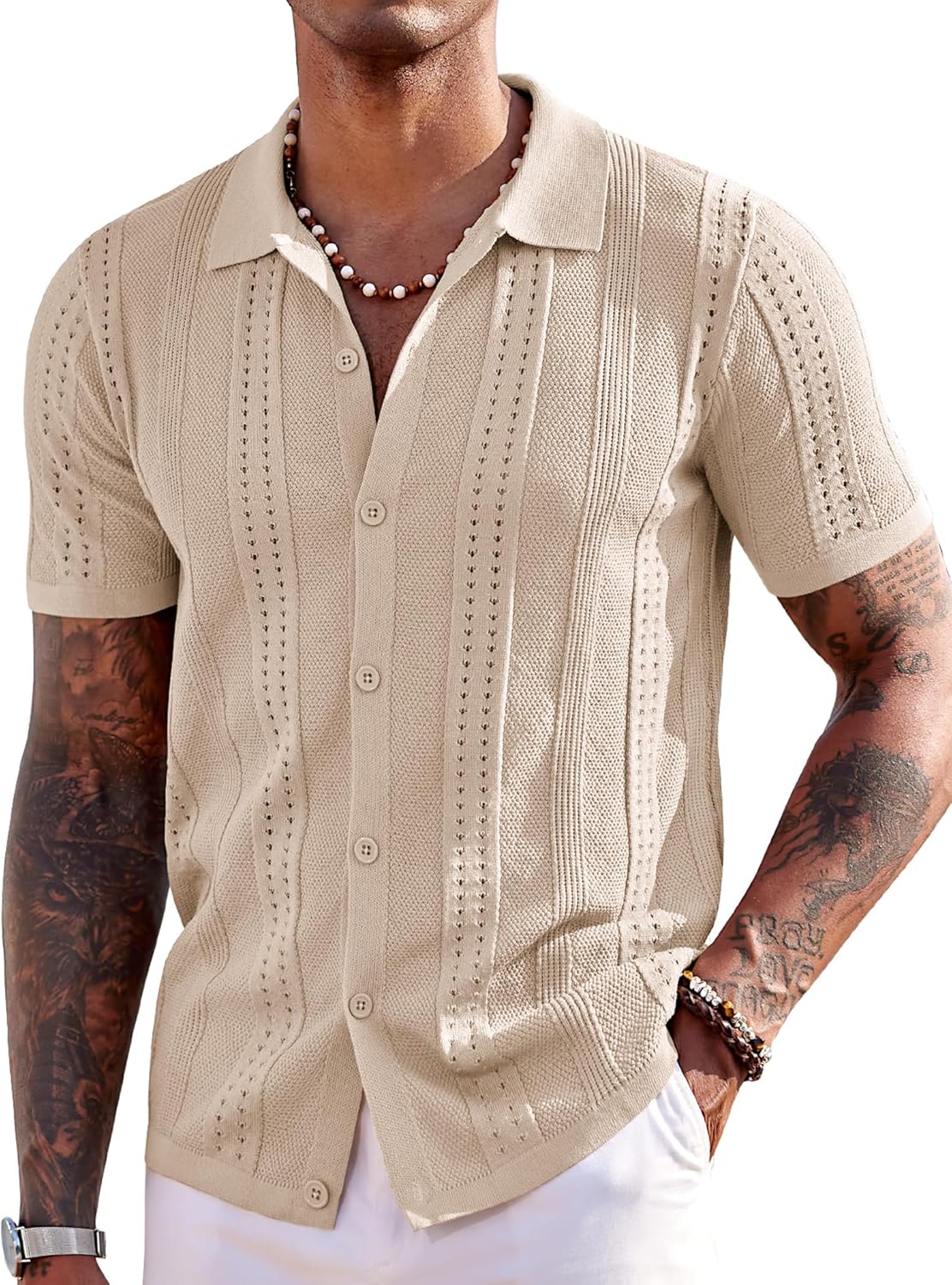 Nathan Men's Knit Polo Shirt – Textured Button Down Summer Beach Shirt