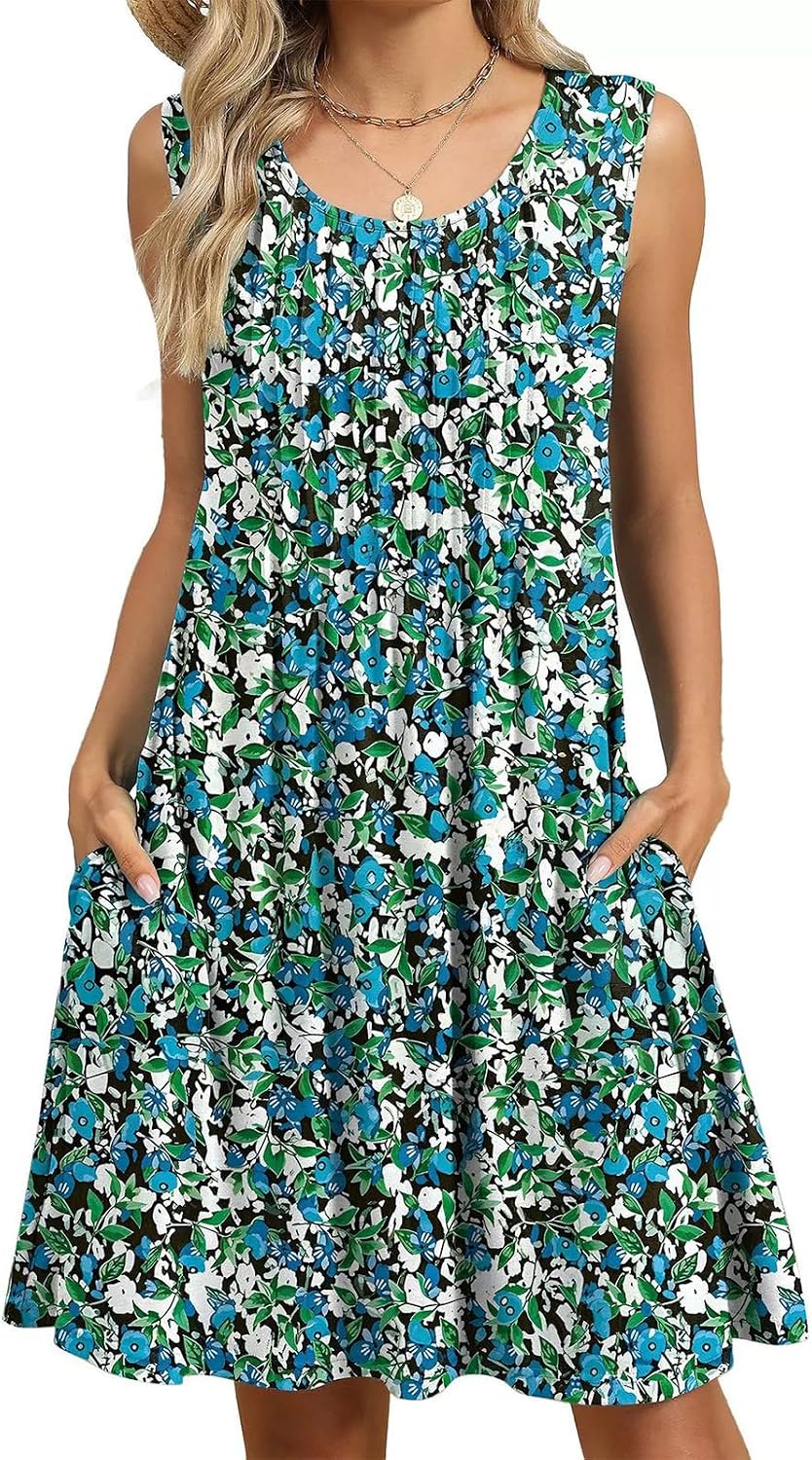 Violet Women's Floral Midi Dress – Sleeveless A-Line Summer Dress with Pockets
