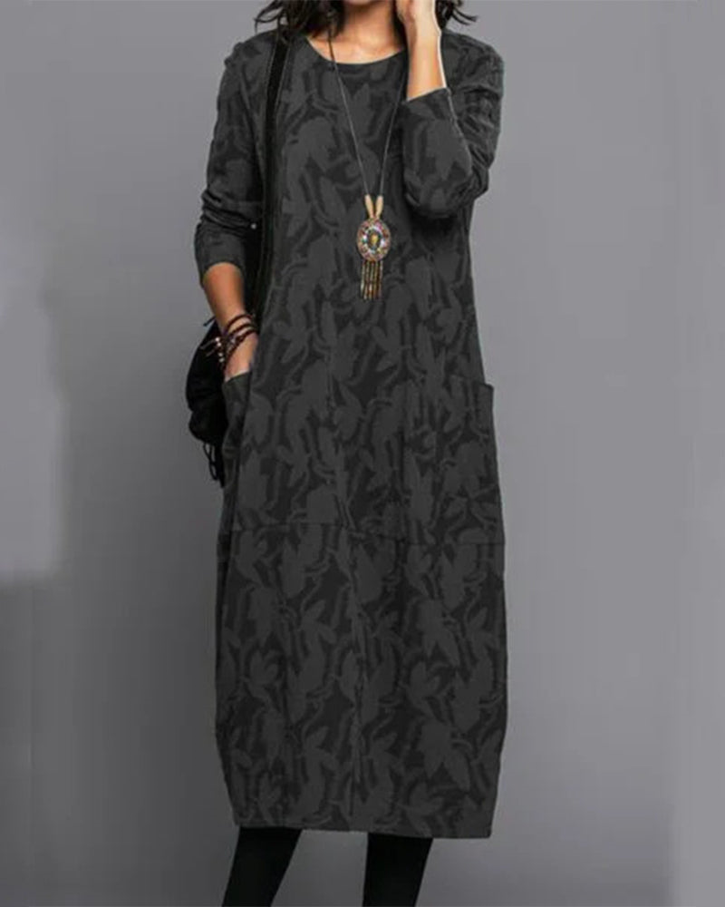 Emily Women’s Maxi Fleece Dress – Floral Long Sleeve Lounge Dress with Pockets
