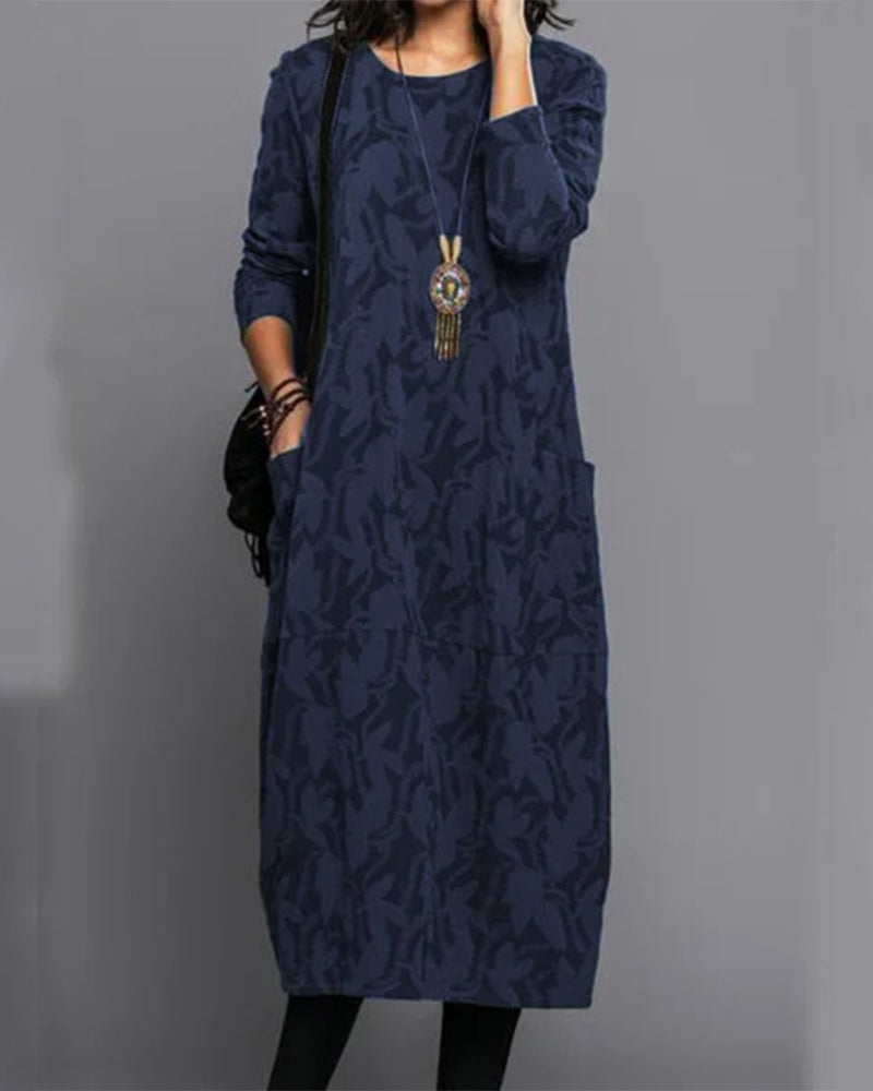 Emily Women’s Maxi Fleece Dress – Floral Long Sleeve Lounge Dress with Pockets
