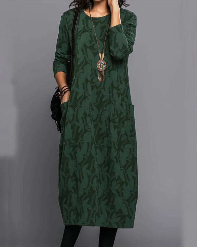 Emily Women’s Maxi Fleece Dress – Floral Long Sleeve Lounge Dress with Pockets