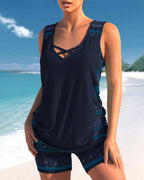 Bienna Women’s Tankini Set – Geometric Swimwear with Built-In Support & Shorts