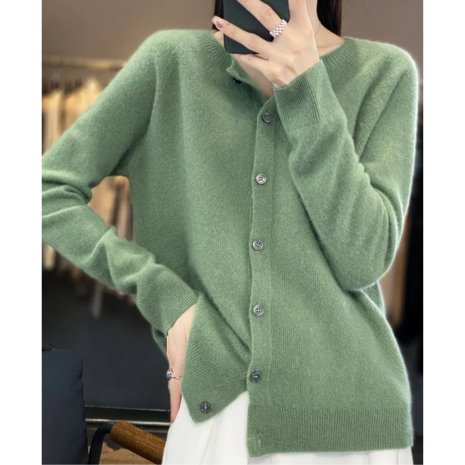 Mercy Women’s Merino Wool Cardigan – Soft Cashmere Knit with Classic Round Neck