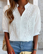 Amelia Women’s Puff Sleeve Blouse – Elegant V-Neck Cotton Lace Patchwork Top