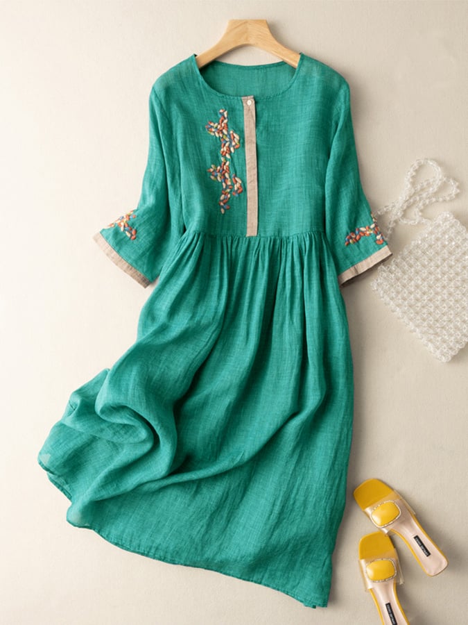 Zara Women’s Cotton Linen Dress – Boho Embroidered Midi Dress with Relaxed Fit