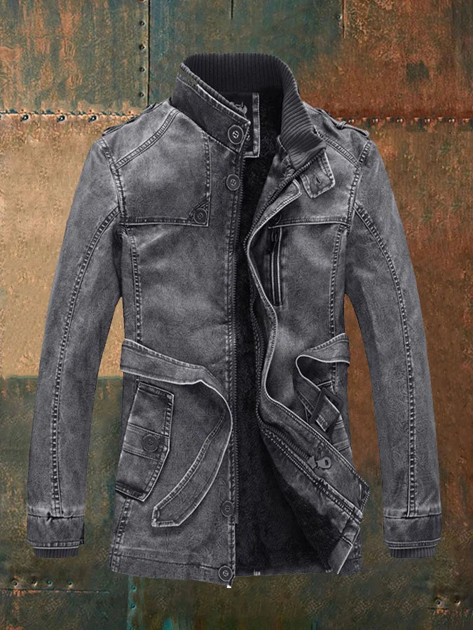 Shon Men’s Vintage Leather Jacket – Retro Zip-Up Coat with Warm Soft Lining