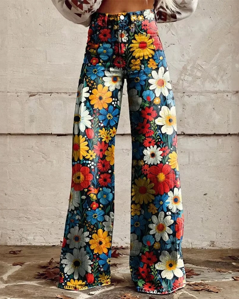 Theodosia Women's Wide Leg Jeans – Artistic Print High Rise Denim Trousers