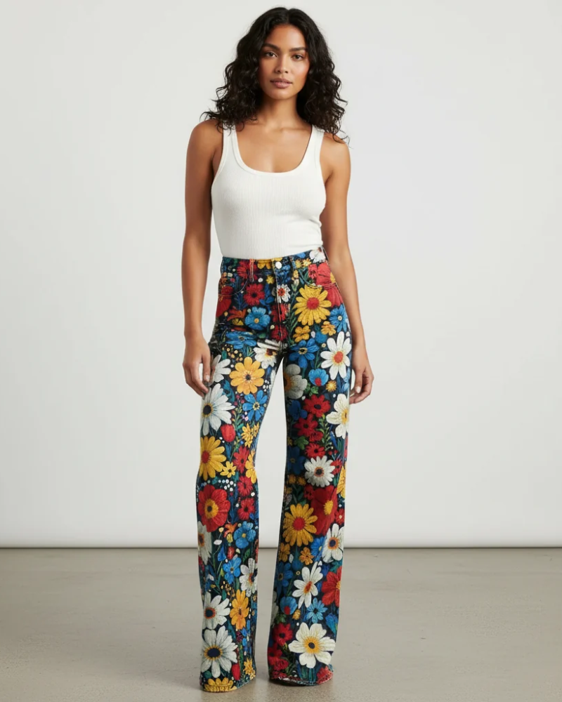 Theodosia Women's Wide Leg Jeans – Artistic Print High Rise Denim Trousers