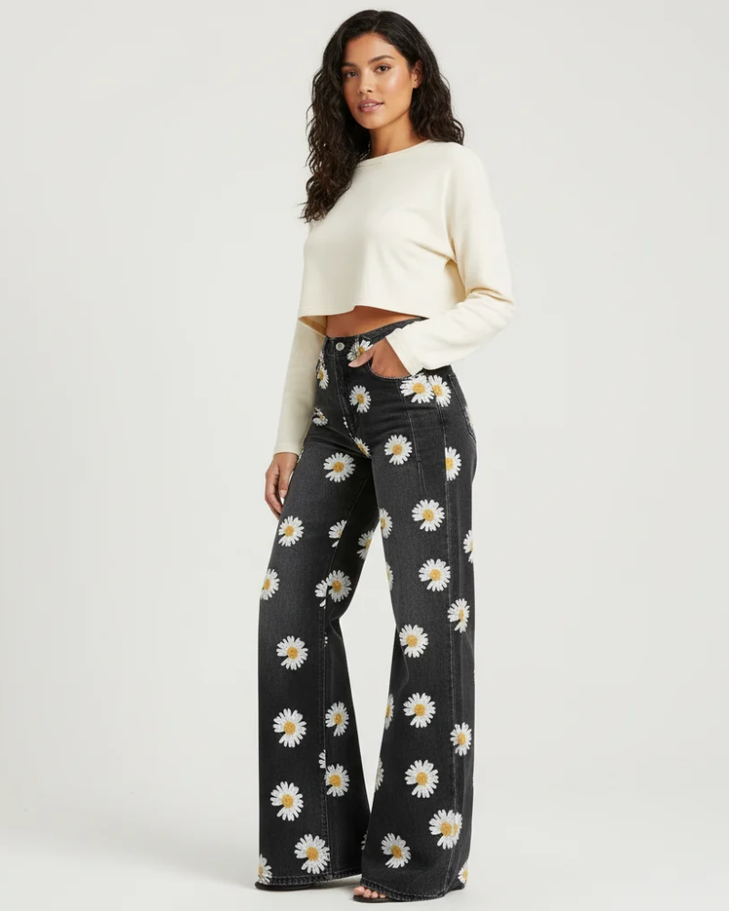 Theodosia Women's Wide Leg Jeans – Artistic Print High Rise Denim Trousers