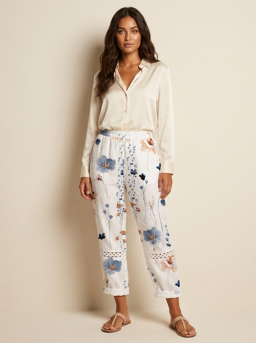 Briony Women's Wide Leg Trousers – Colourful Print Elastic Waist Casual Summer Trousers