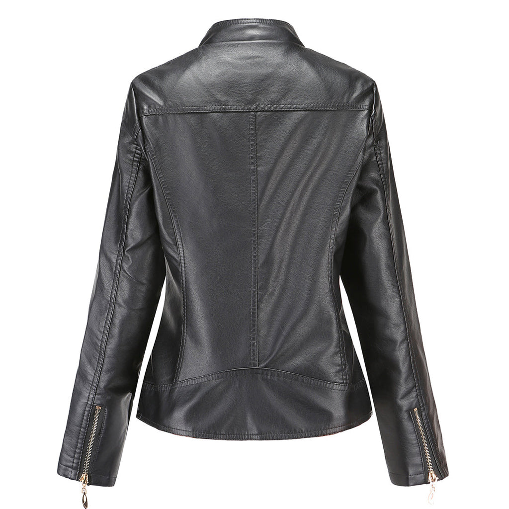 Janiyah Women’s Leather Jacket – Elegant Zip-Up Coat with Chic High Collar