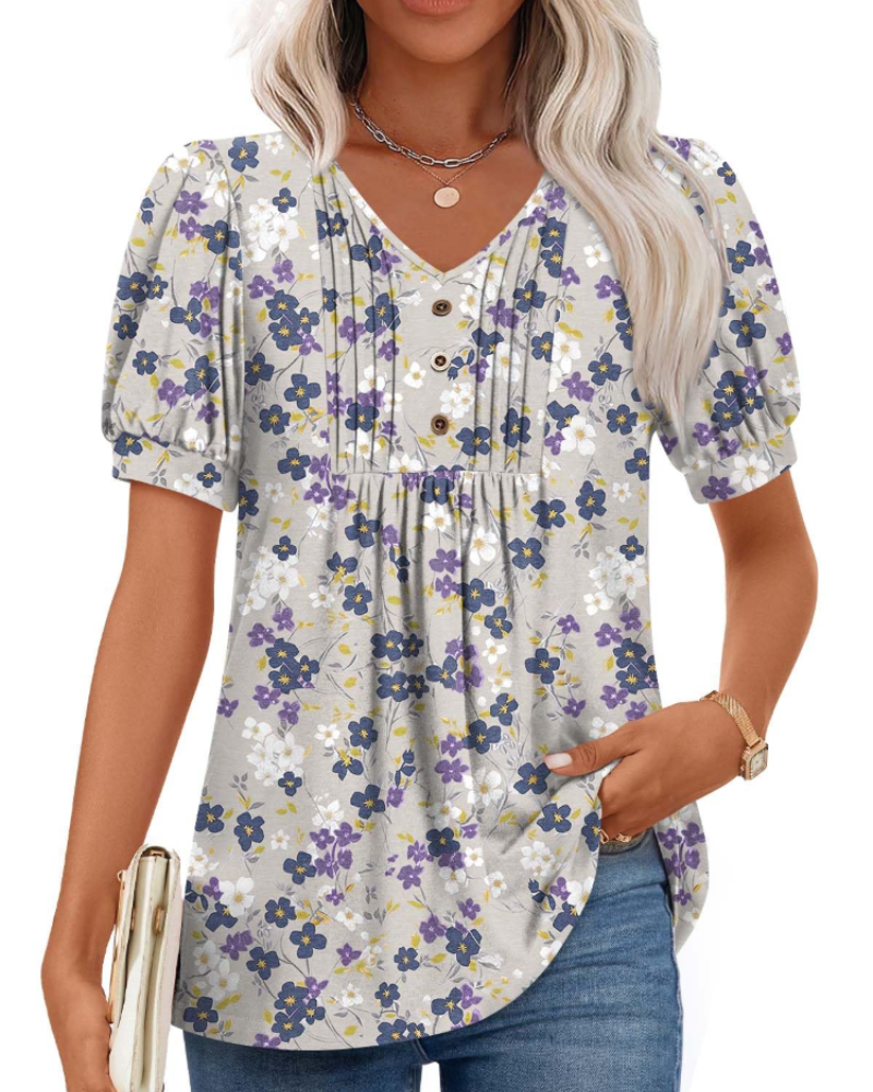 Ella Women’s Puff Sleeve Top – V-Neck Ruffle Button Pleated Summer Blouse