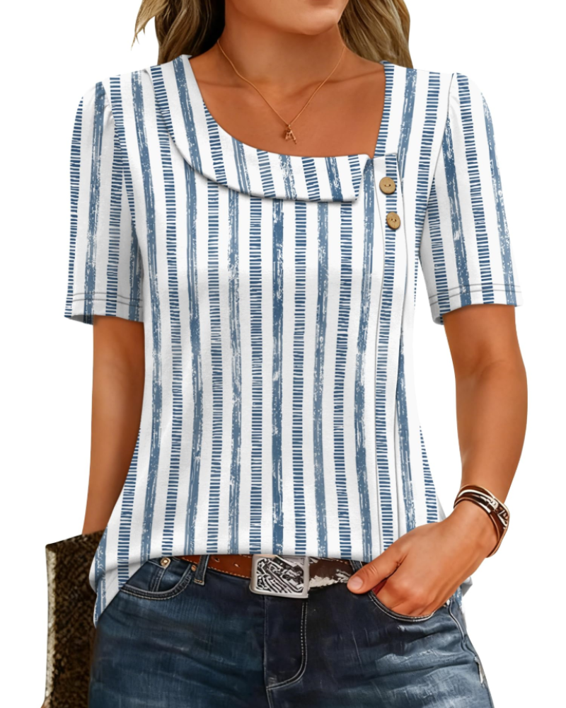 Adeline Women’s Asymmetrical Neck Top – Short Sleeve Button Detail Summer Blouse