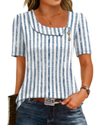 Adeline Women’s Asymmetrical Neck Top – Short Sleeve Button Detail Summer Blouse