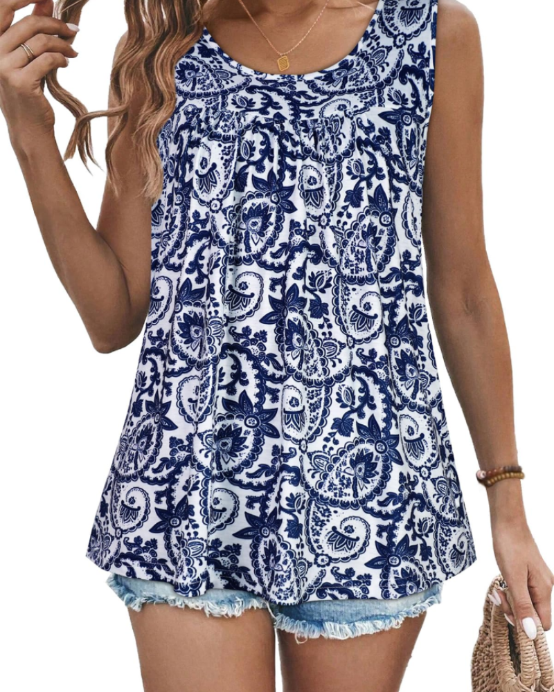 Clara Women’s Pleated Tank Top – Crew Neck Floral Sleeveless Tunic Blouse