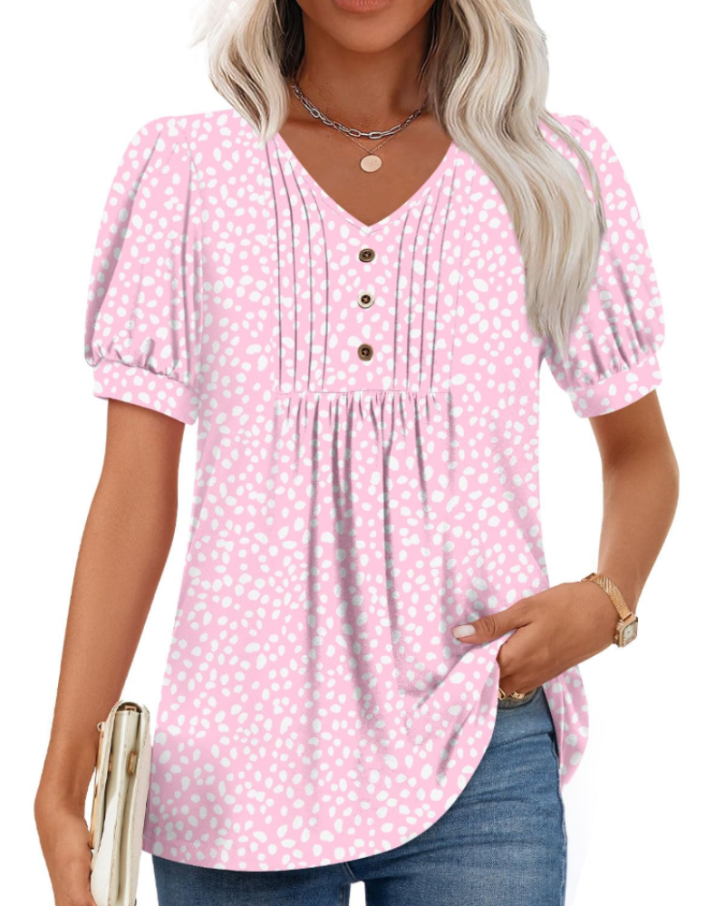 Ella Women’s Puff Sleeve Top – V-Neck Ruffle Button Pleated Summer Blouse