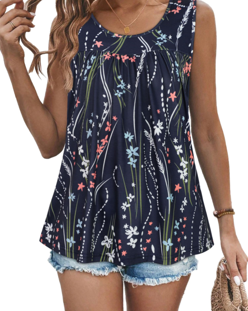 Clara Women’s Pleated Tank Top – Crew Neck Floral Sleeveless Tunic Blouse