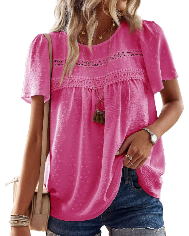 Talia Women’s Crochet Lace Boho Top – Crew Neck Short Sleeve Swiss Dot Blouse