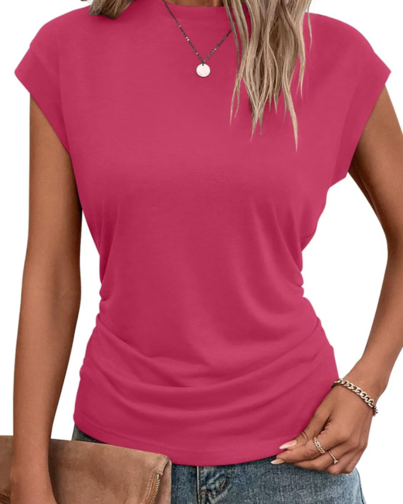 Charlotte Women’s Cap Sleeve Top – Pleated Round Neck Summer T-Shirt