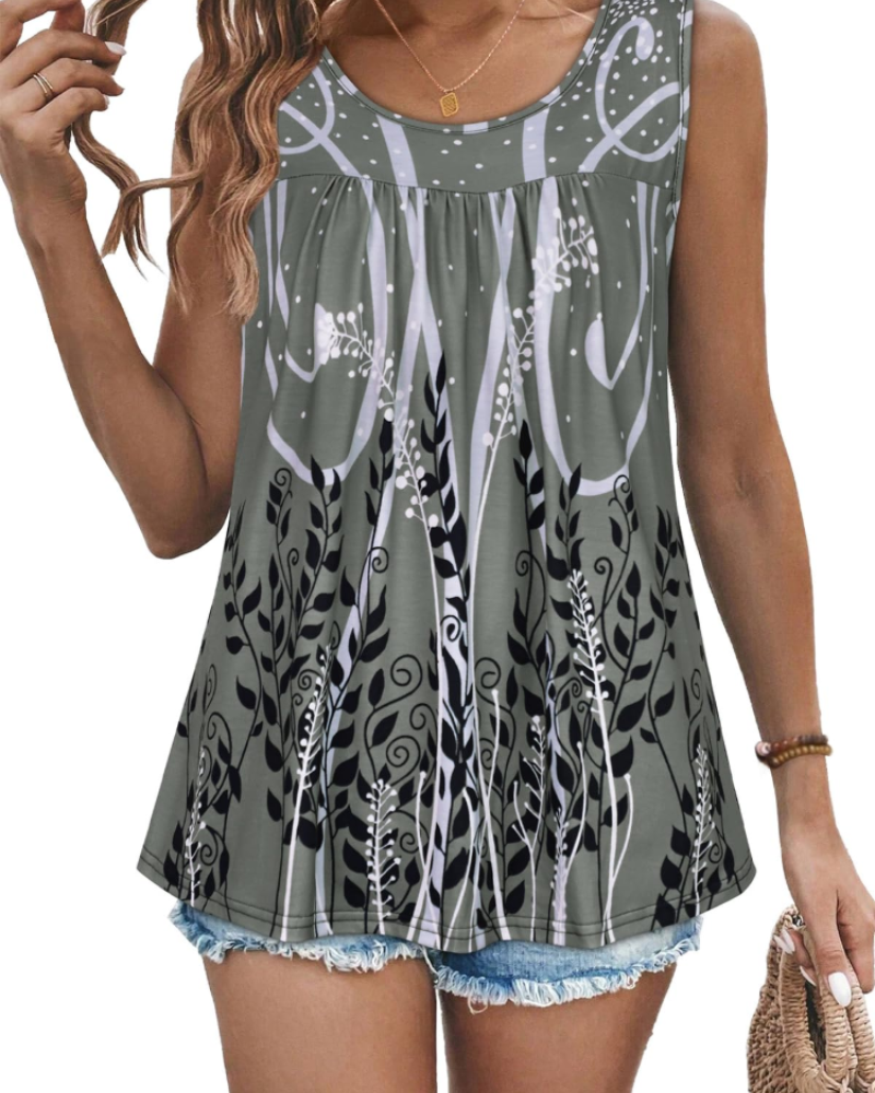 Clara Women’s Pleated Tank Top – Crew Neck Floral Sleeveless Tunic Blouse