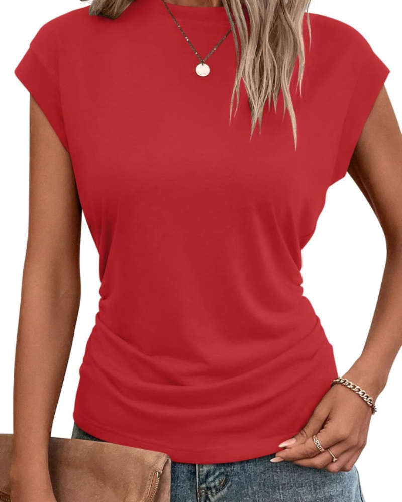 Charlotte Women’s Cap Sleeve Top – Pleated Round Neck Summer T-Shirt