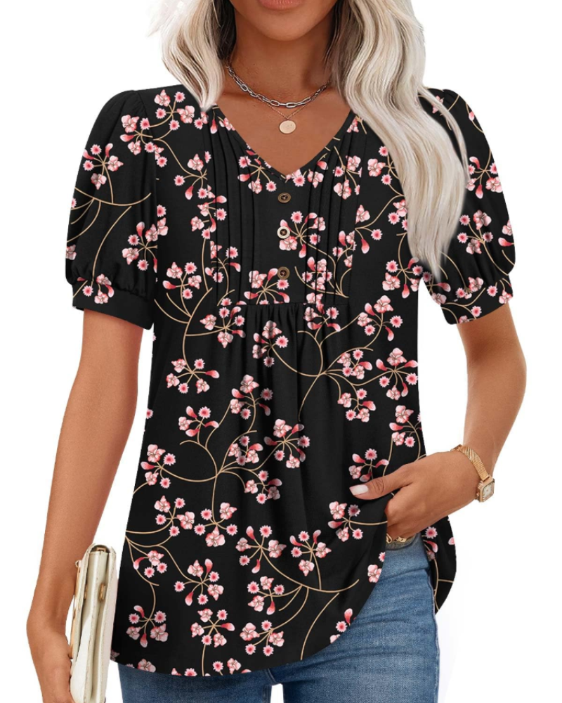 Ella Women’s Puff Sleeve Top – V-Neck Ruffle Button Pleated Summer Blouse