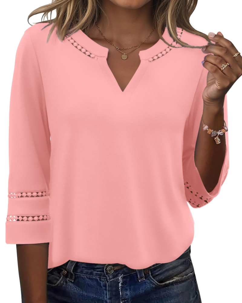 Maya Women’s Lace Embroidered Tunic – V-Neck 3/4 Sleeve Summer Blouse
