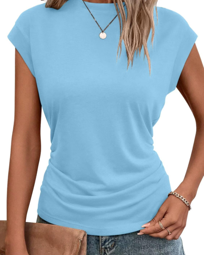 Charlotte Women’s Cap Sleeve Top – Pleated Round Neck Summer T-Shirt