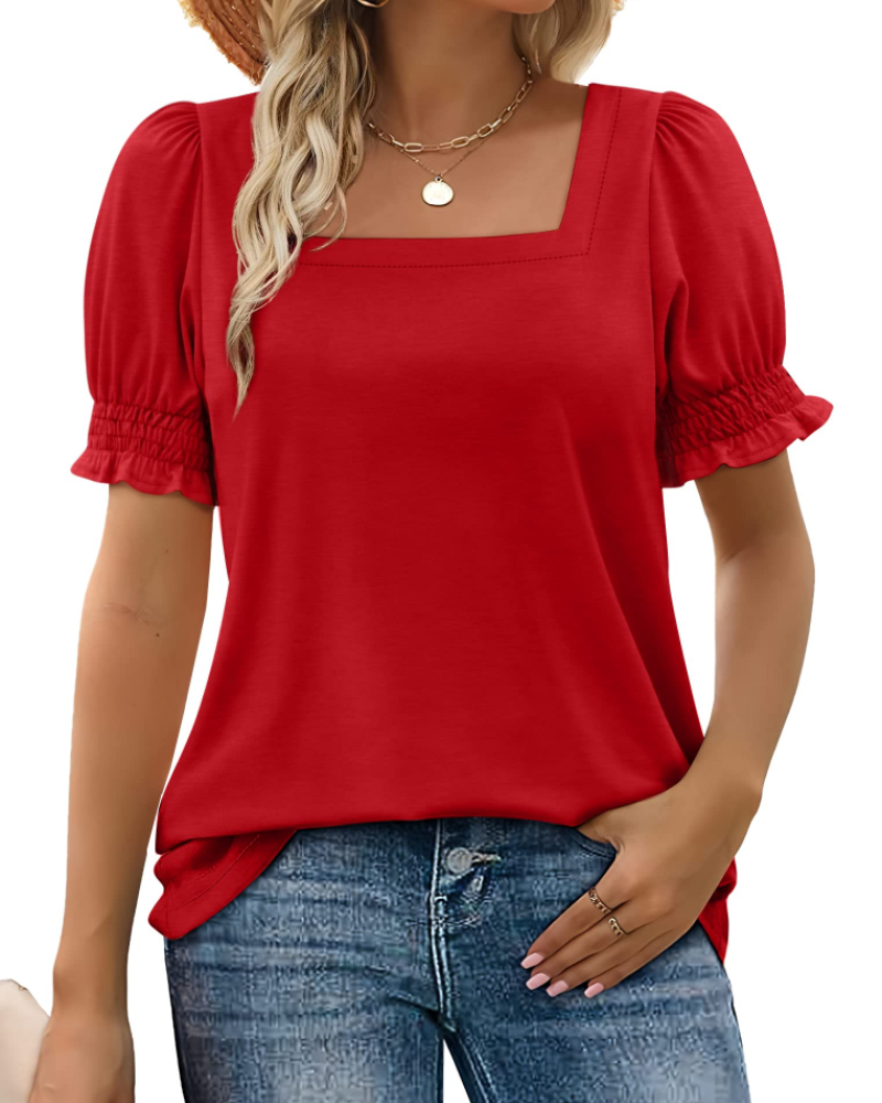 Penelope Women’s Square Neck Top – Ruffle Sleeve Casual Summer T-Shirt