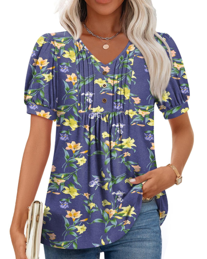 Ella Women’s Puff Sleeve Top – V-Neck Ruffle Button Pleated Summer Blouse