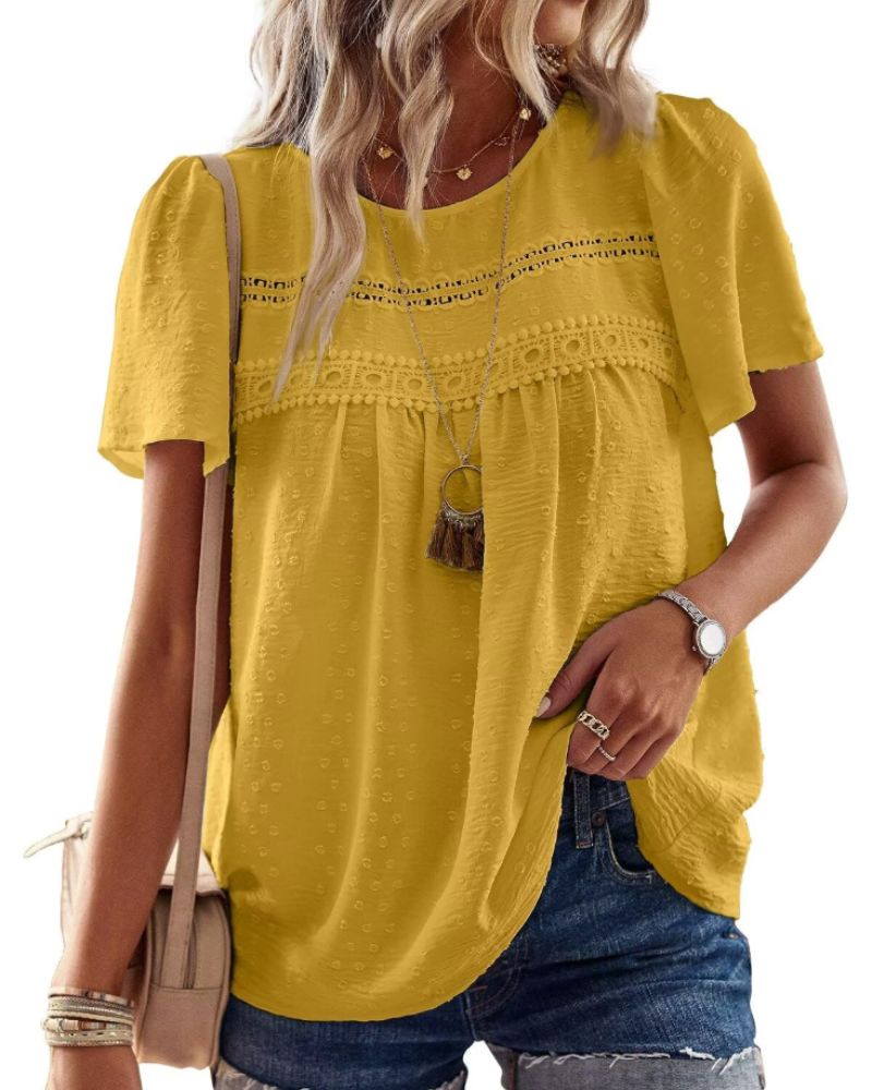 Talia Women’s Crochet Lace Boho Top – Crew Neck Short Sleeve Swiss Dot Blouse