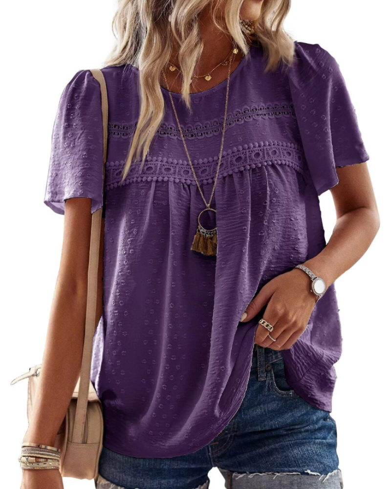Talia Women’s Crochet Lace Boho Top – Crew Neck Short Sleeve Swiss Dot Blouse