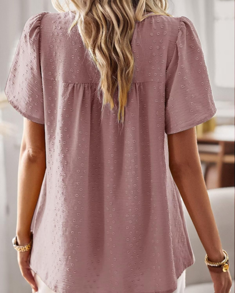 Talia Women’s Crochet Lace Boho Top – Crew Neck Short Sleeve Swiss Dot Blouse