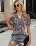 Scarlett Women’s V-Neck Tunic Top – Puff Sleeve Button Pleated Summer Blouse
