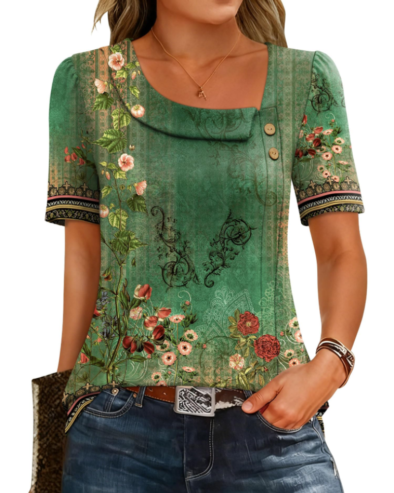 Adeline Women’s Asymmetrical Neck Top – Short Sleeve Button Detail Summer Blouse
