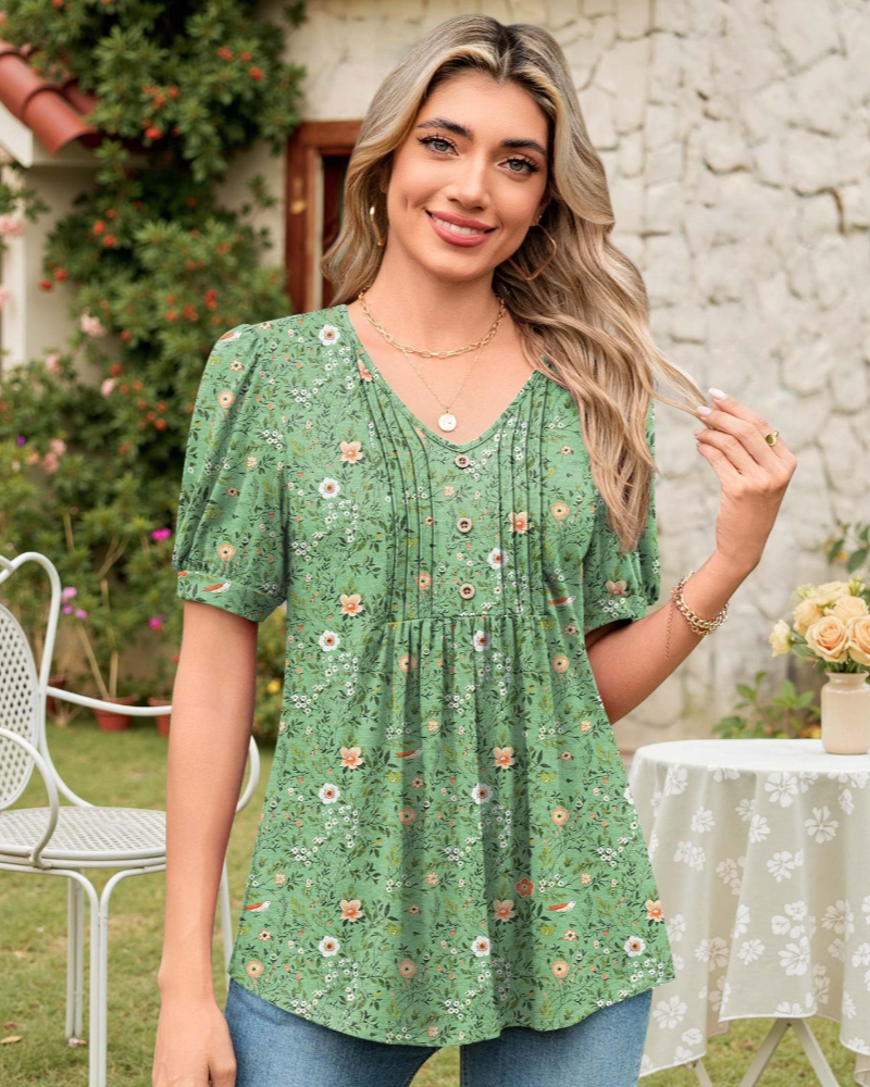 Ella Women’s Puff Sleeve Top – V-Neck Ruffle Button Pleated Summer Blouse