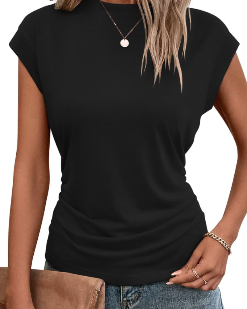 Charlotte Women’s Cap Sleeve Top – Pleated Round Neck Summer T-Shirt