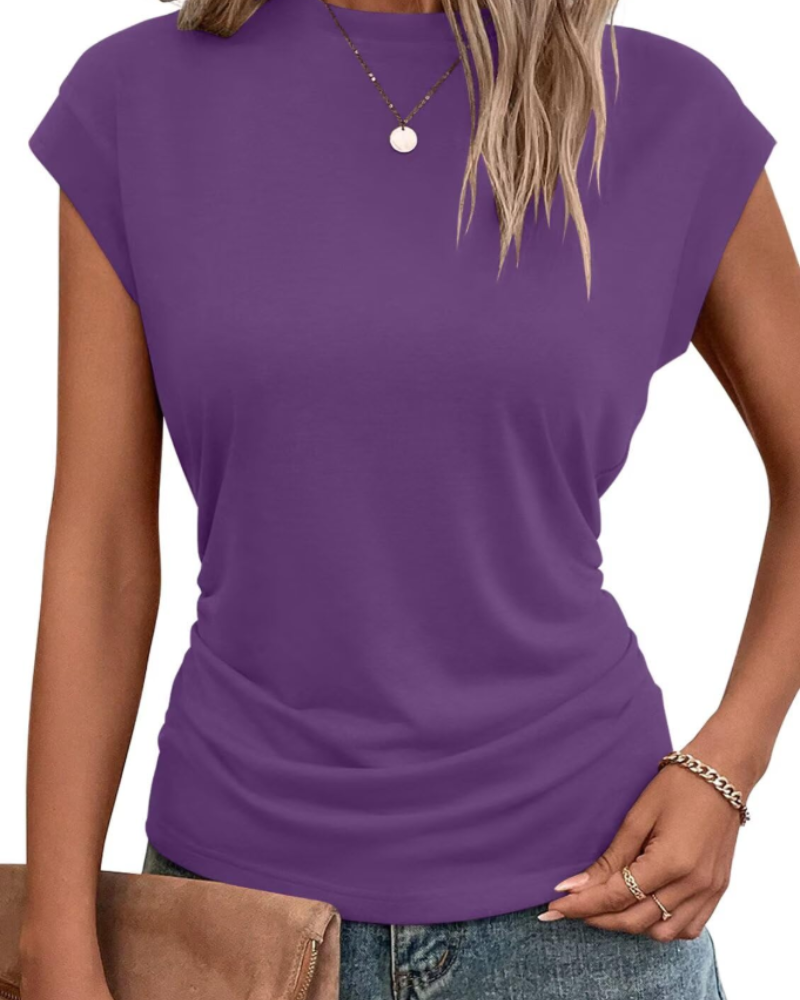Charlotte Women’s Cap Sleeve Top – Pleated Round Neck Summer T-Shirt