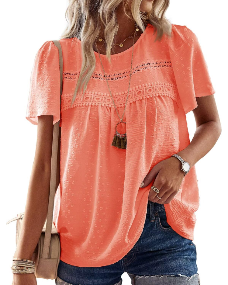 Talia Women’s Crochet Lace Boho Top – Crew Neck Short Sleeve Swiss Dot Blouse