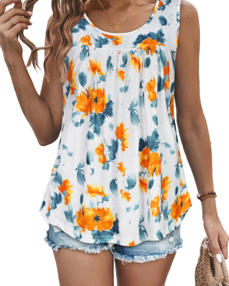 Clara Women’s Pleated Tank Top – Crew Neck Floral Sleeveless Tunic Blouse