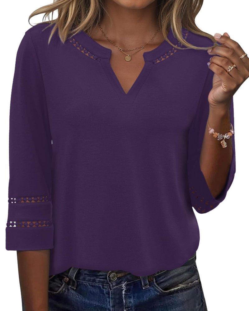 Maya Women’s Lace Embroidered Tunic – V-Neck 3/4 Sleeve Summer Blouse