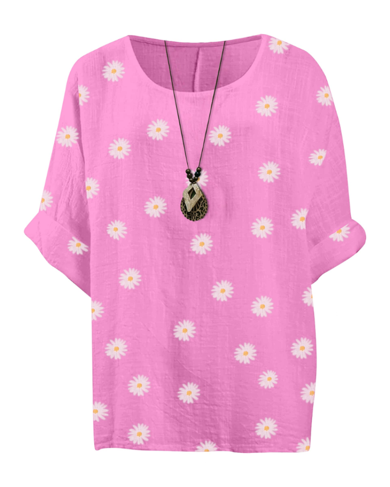 Anika Women’s Cotton Tunic Top – Daisy Print 3/4 Sleeve Lagenlook Blouse