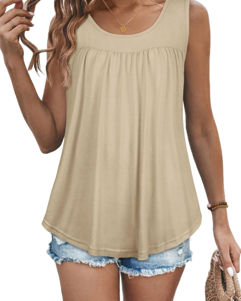 Clara Women’s Pleated Tank Top – Crew Neck Floral Sleeveless Tunic Blouse